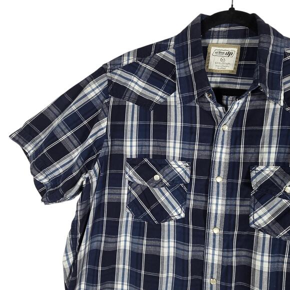 Navy Plaid Pearl Snap Shirt Mens XL Short Sleeve Western Style 100% Cotton - Picture 3 of 10